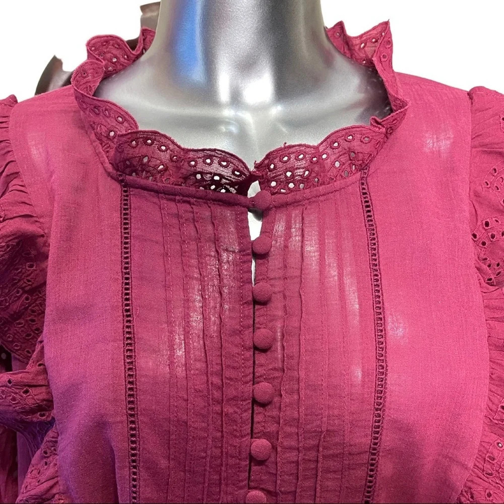 AE Boho Top Eyelet Sleeve and Trim Pintuck Front Detail Plum Size 2X - Picture 4 of 6